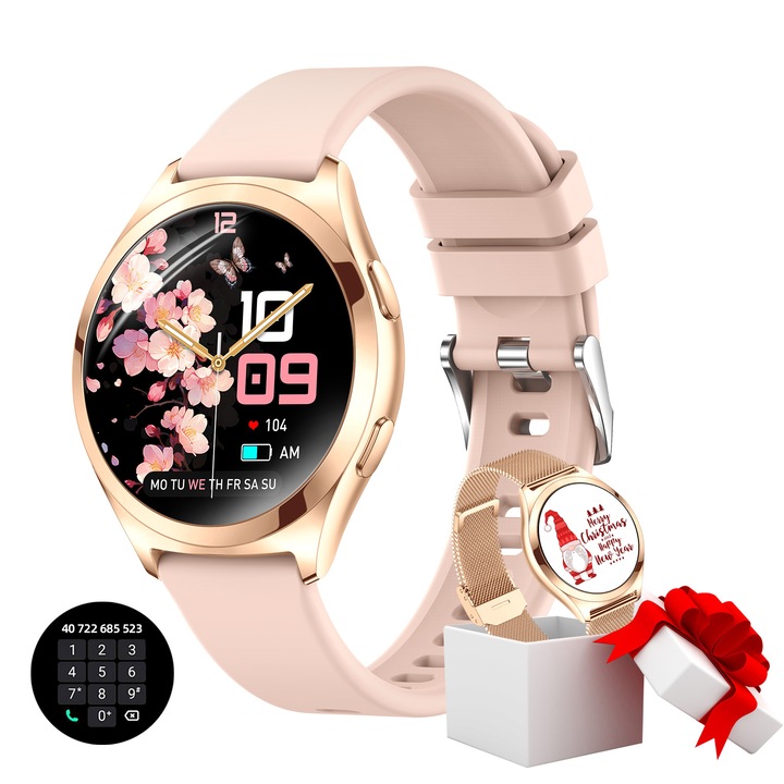 Дамски смарт часовник, Excitat, AMOLED кръгъл екран 1.3", смарт, фитнес, Multi Sport, смарт, известия, безжичен, Bluetooth 5.3 разговор, HD микрофон, румънски език, за жени, метален корпус, 2 гривни в комплекта, златен/розов