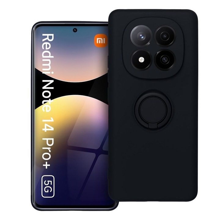 Husa pentru Xiaomi Redmi Note 14 Pro Plus 5G DaDen cu inel rotativ 360, Silicon Premium, Camera Protection, Antisoc, Negru
