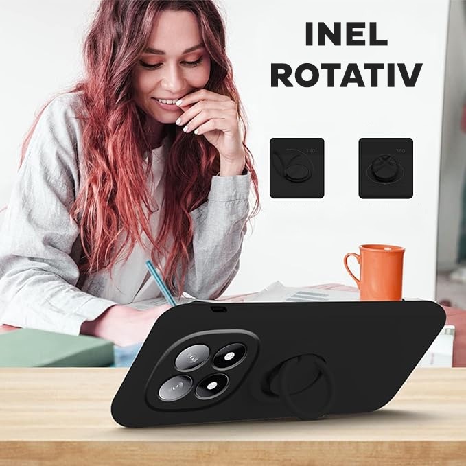 Husa pentru Xiaomi Redmi Note 14 Pro Plus 5G DaDen cu inel rotativ 360, Silicon Premium, Camera Protection, Antisoc, Negru