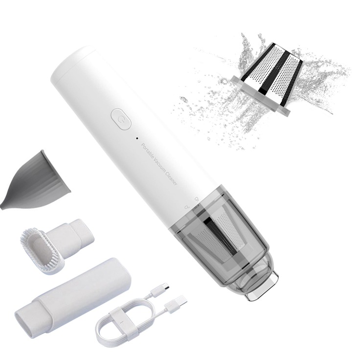 Mini porszívó, otthoni használatra, három tartozékkal és töltőkábellel, FomoX, autóporszívó, HEPA szűrő, hordozható, fehér