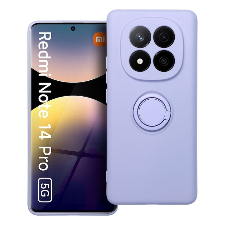 Husa pentru Xiaomi Redmi Note 14 Pro 5G DaDen cu inel rotativ 360, Silicon Premium, Camera Protection, Antisoc, Mov deschis