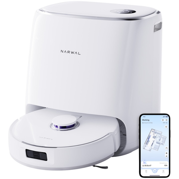 Робот прахосмукачка Narwal Freo X Ultra CP-ZD-A00021-00-00, Прахосмукачка, моп и интелигентна станция за зареждане, 8200Pa, Сензор: Трилазер, Специална четка против заплитане, 2 въртящи се триъгълни мопа, Бял