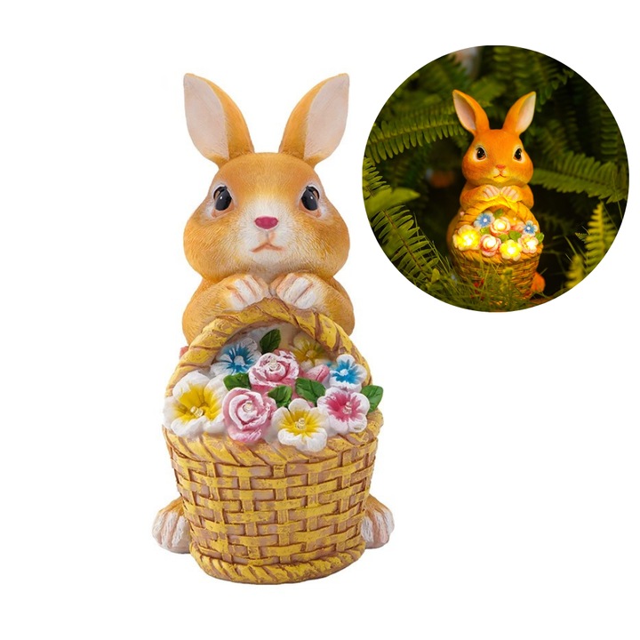 Decoratiune Gradina in Forma de Iepure cu Lumina Solara, Rasina, 15x12x21.5cm, Galben