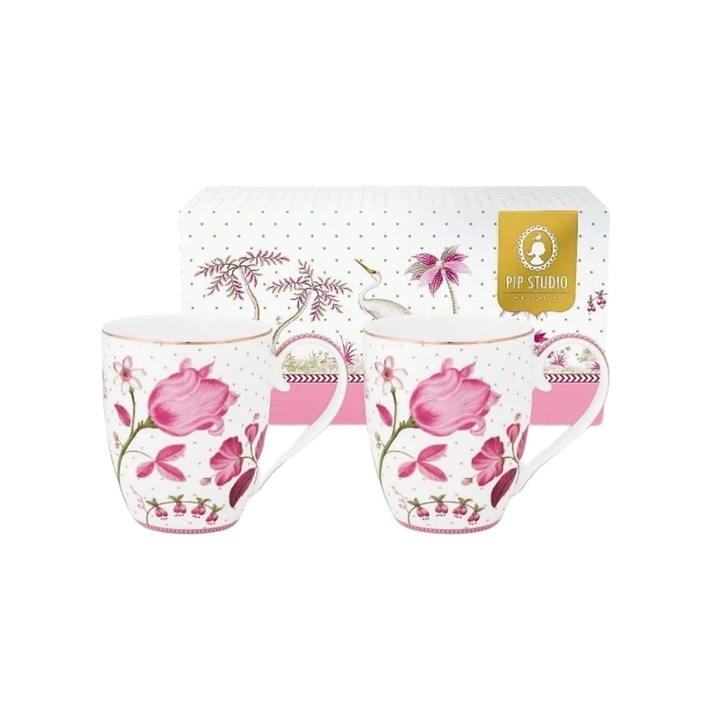 Set 2 cani, din portelan, Pip Studio, Tulip Pink, 450 ml, colectia Jolie