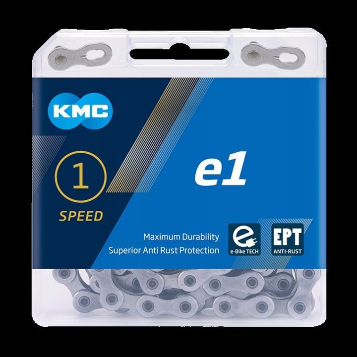 Верига за велосипед KMC E1 EPT 130 звена, тъмносребрист цвят, с гръб MissingLink