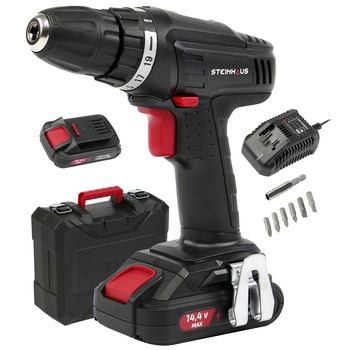 Masina de gaurit si insurubat (bormasina) cu 2 acumulatori 14.4V 1.3Ah Li-Ion Steinhaus Start, PRO-CD144-2B, 20Nm, 550 RPM, mandrina rapida 10mm, 7 accesorii, cutie plastic Masina de gaurit si insurubat (bormasina) cu 2 acumulatori 14.4V 1.3Ah Li-Ion Steinhaus Start, PRO-CD144-2B, 20Nm, 550 RPM, mandrina rapida 10mm, 7 accesorii, cutie plastic