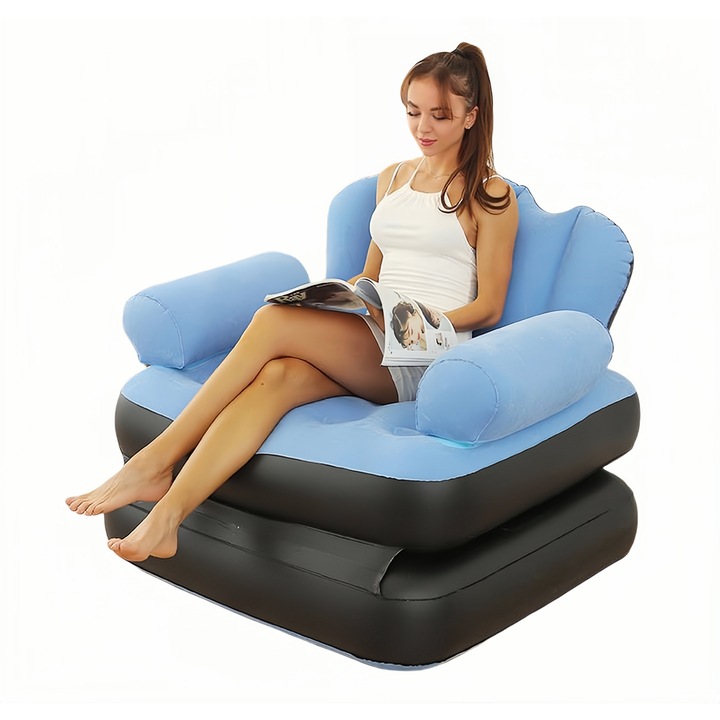 Fotoliu gonflabil, portabil, pliabil, 2-in-1, multifunctional, potrivit pentru dormitor si living, usor de depozitat, albastru-negru