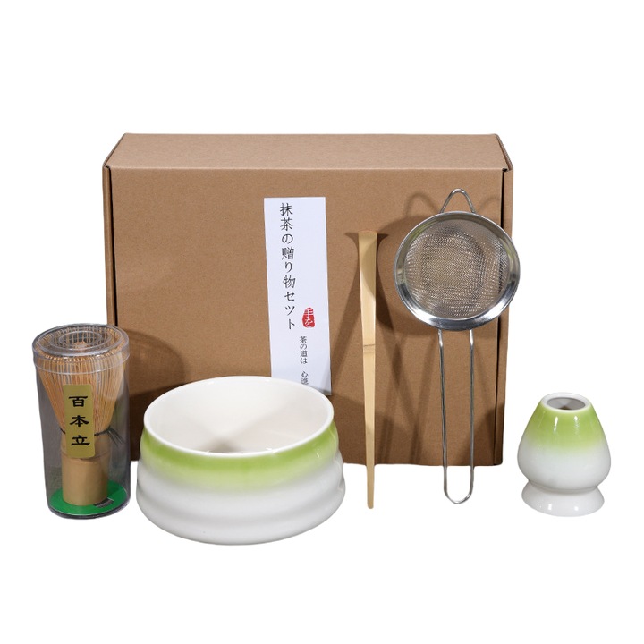 Японски комплект за чай Matcha, бамбук/керамика, 5 части, зелена мента