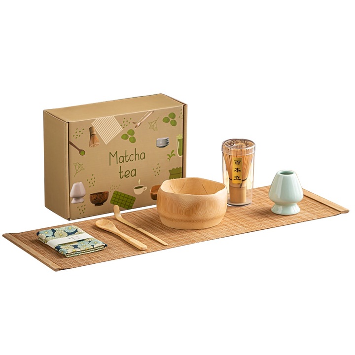 Японски комплект за чай Matcha, бамбук/керамика, 7 части, бледокафяв