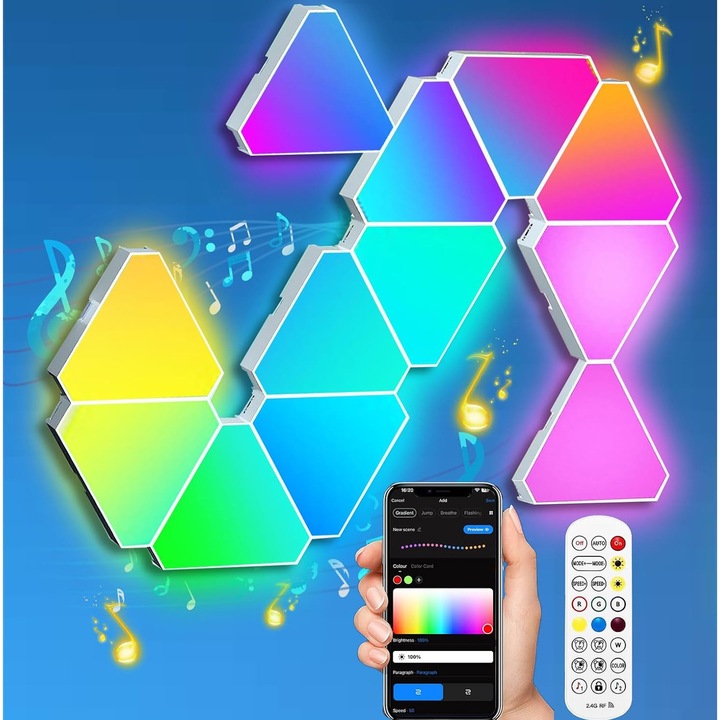 Lampa de perete triunghiulara cu LED, pachet de 12, sincronizare muzicala, RGB, APP, control, reglabil, functie de temporizare, pentru decorarea interioara Sufragerie Dormitor Camera de jocuri