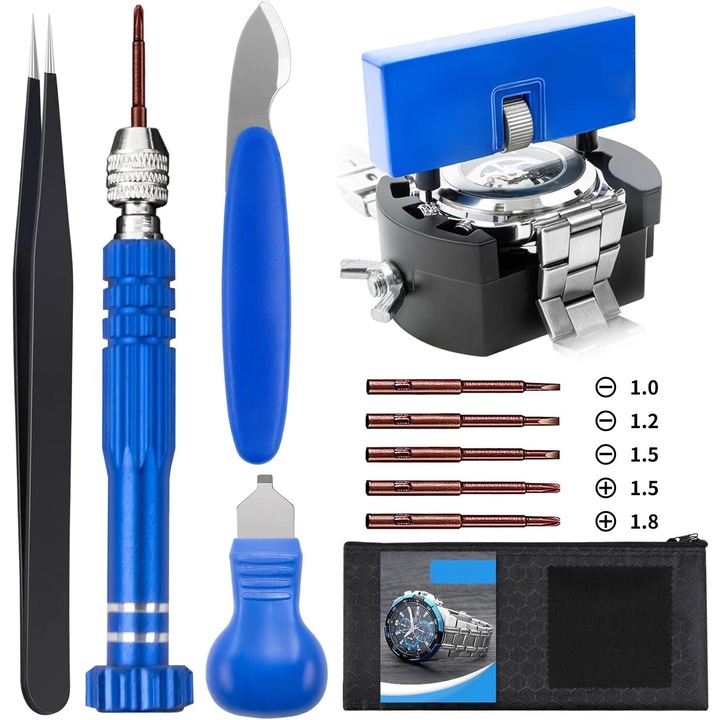 Set unelte pentru repararea ceasurilor, Pili-Paradise, deschizator de carcasa ajustabil, surubelnite, pensete, 58mm