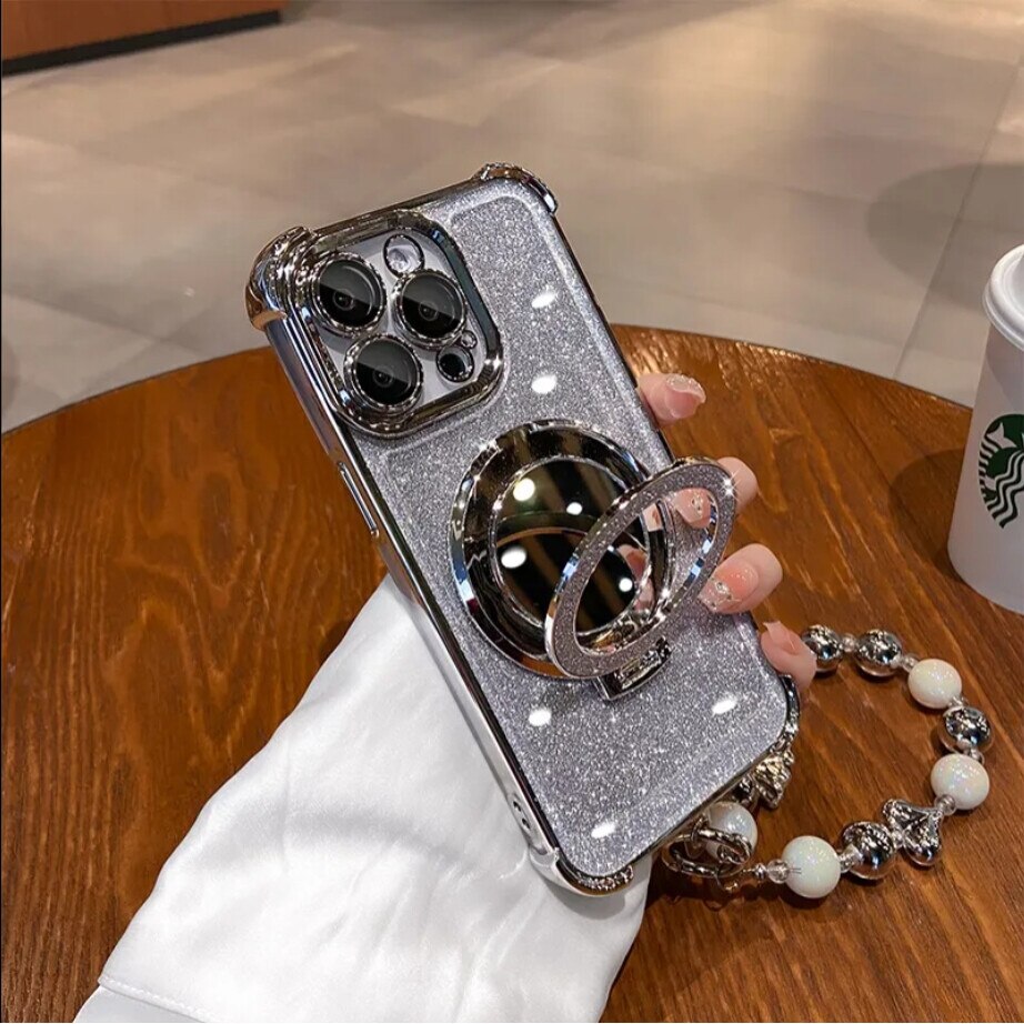 Husa pentru iPhone 16 plus cu suport magnetic integrat inel, oglinda de machiaj si silicona antisoc - Argintiu Stralucitor