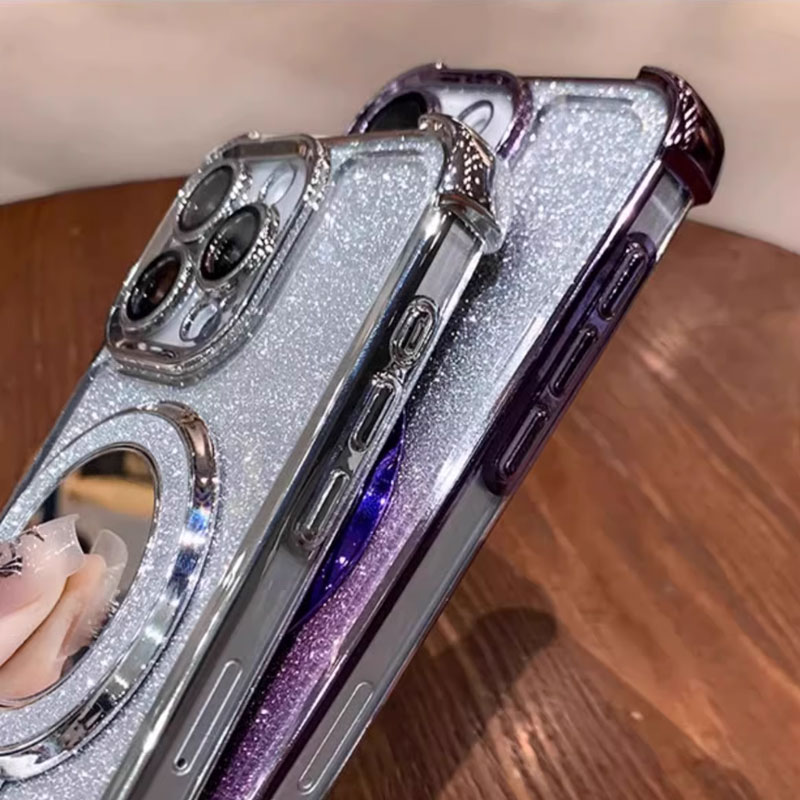 Husa pentru iPhone 16 Pro max cu suport magnetic integrat inel, oglinda de machiaj si silicona antisoc - Violet Stralucitor