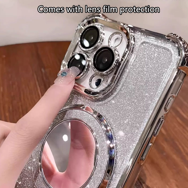 Husa pentru iPhone 16 plus cu suport magnetic integrat inel, oglinda de machiaj si silicona antisoc - Argintiu Stralucitor