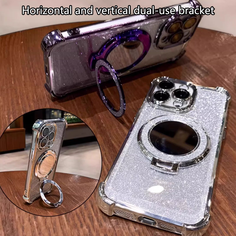 Husa pentru iPhone 16 Pro max cu suport magnetic integrat inel, oglinda de machiaj si silicona antisoc - Violet Stralucitor