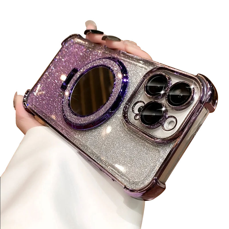 Husa pentru iPhone 16 Pro max cu suport magnetic integrat inel, oglinda de machiaj si silicona antisoc - Violet Stralucitor