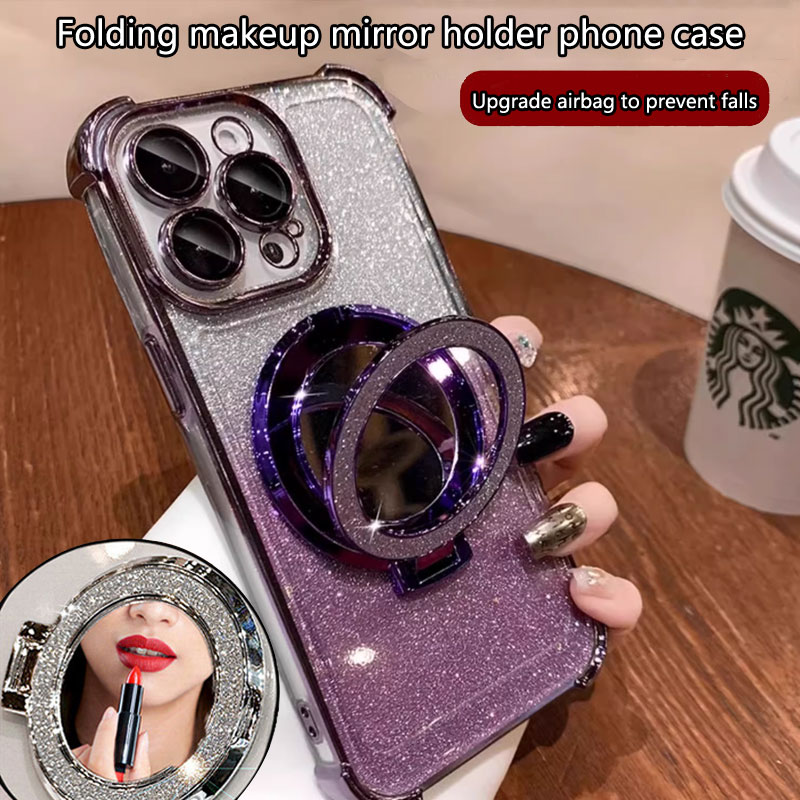 Husa pentru iPhone 16 Pro max cu suport magnetic integrat inel, oglinda de machiaj si silicona antisoc - Violet Stralucitor