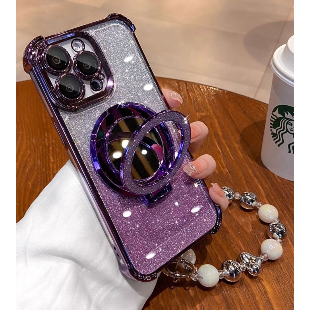 Husa pentru iPhone 16 Pro max cu suport magnetic integrat inel, oglinda de machiaj si silicona antisoc - Violet Stralucitor
