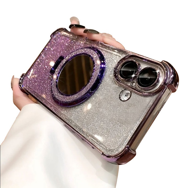 Husa pentru iPhone 16 plus cu suport magnetic integrat inel, oglinda de machiaj si silicona antisoc - Violet Stralucitor