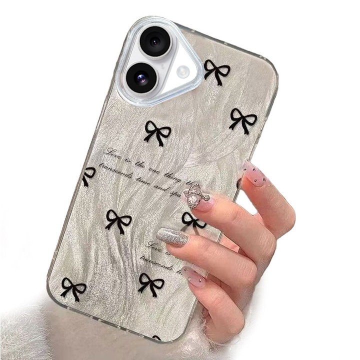 Husa pentru iPhone 16 din silicona antisoc, design cu funda neagra - Argintiu Stralucitor