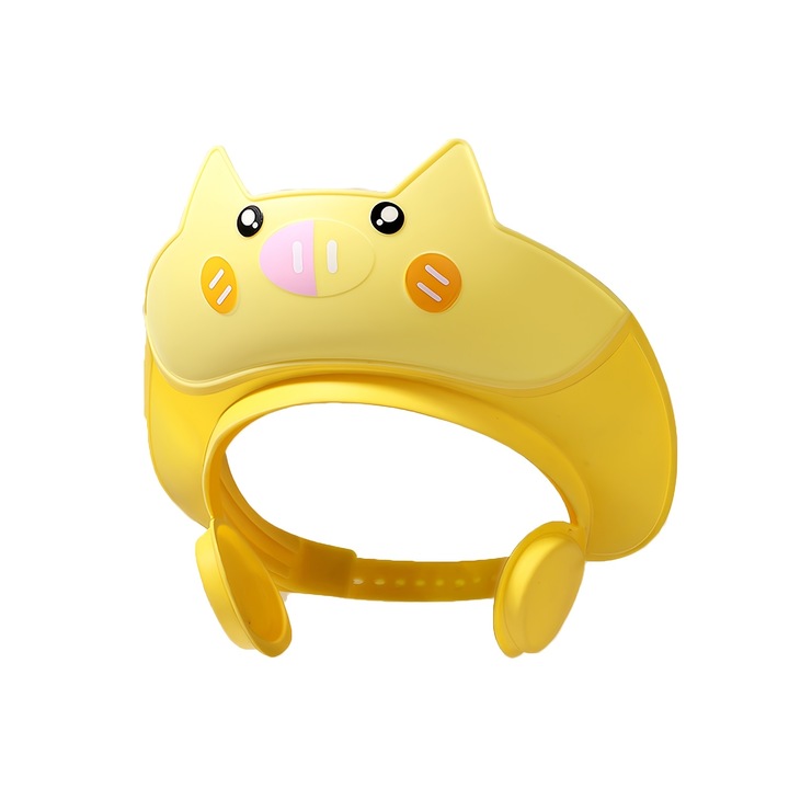 1 buc. Caciula de dus pentru copii cu tematica adorabila de porcusor, Material TPE moale si confortabil, Reglabila cu protectie pentru urechi, Design dragut de desene animate in roz, albastru, galben pentru o baie distractiva, galben banana, 23x21cm