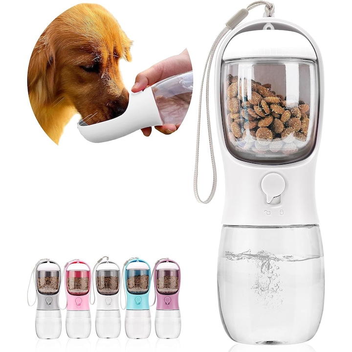 Dispenser automat pentru apa si hrana Vireo, 300ml, alb, 3 compartimente, portabil, pentru caini si pisici