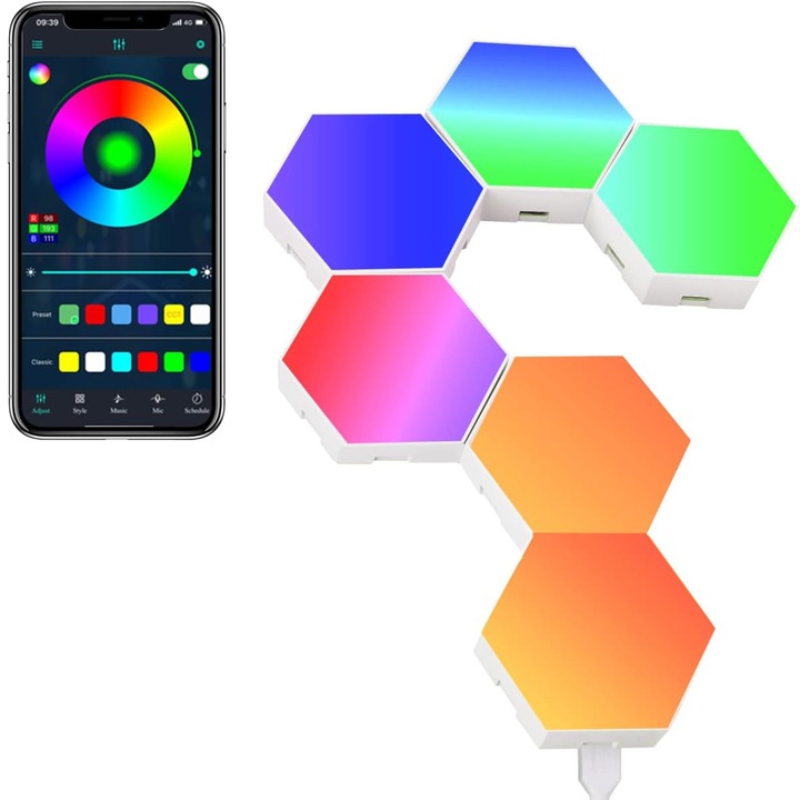 Estanny Smart Modular LED Light Panel Kit, WI-Fi, Music Sync, Съвместим с IOS/Android, Tuya, Google Assistant/Amazon Alexa, Дистанционно управление, Димер, Таймер, 6 шестоъгълни панела, 10,3×8,9×2,8 см, USB, Многоцветен