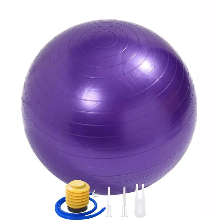 Фитнес топка, 45 см, лилава, комплект с въздушен цилиндър и въздушна тапа