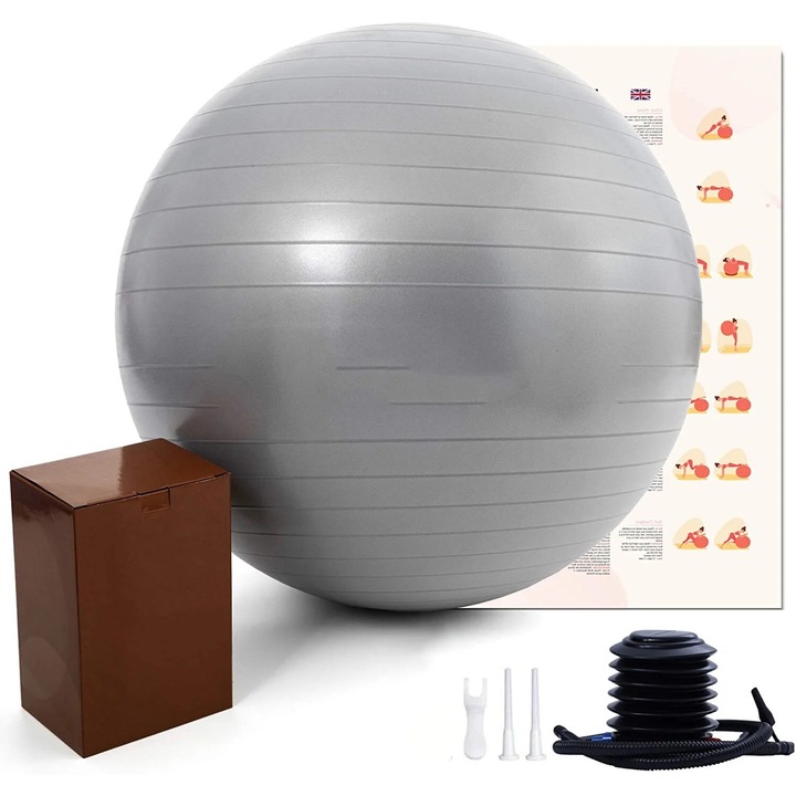 Фитнес топка, изключително дебела, опора 600 lbs, със стабилизиращ пръстен, 2 съпротивителни ленти, комплект аксесоари, сива, 25,6 инча