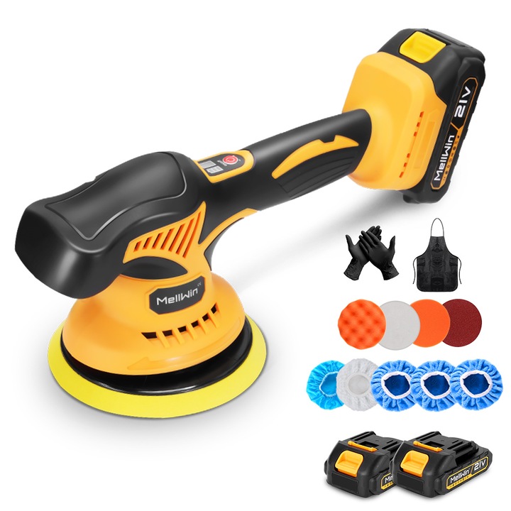 Masina de polisat electrica fara fir MellWin, 21V, 8 viteze, 150mm, set cu 11 accesorii, 2 baterii, galben