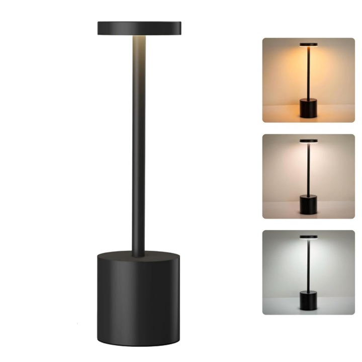 Lampa de birou reincarcabila la atingere, control touch / 3 tipuri iluminare, fara fir, reincarcare usb-c, negru, 34cm