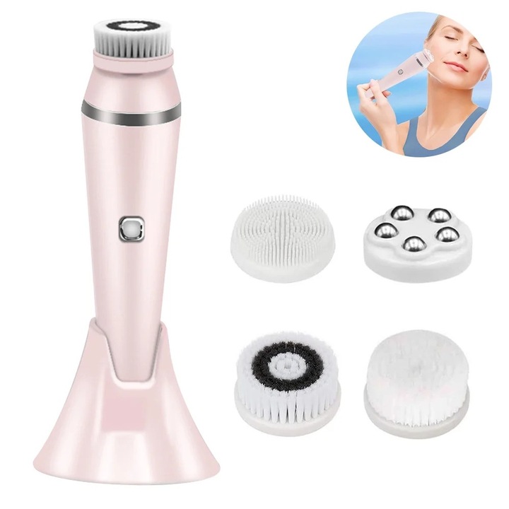 Уред за почистване на лице 4 в 1, розов, с 4 четки, водоустойчив, компактен