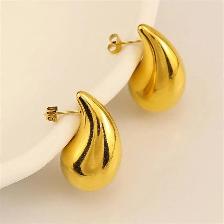 Cercei aurii, din otel inoxidabil, forma de picatura de apa, suflati cu aur 18k, Basilia C2