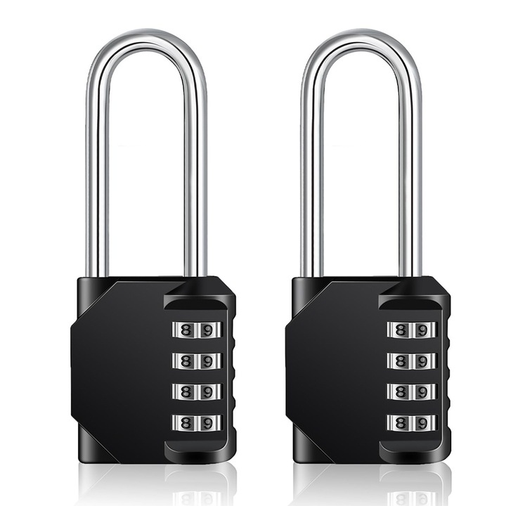 2 darabos, 4 számjegyű kombinációs lakatkészlet, hosszú fogantyú, 60 mm, fekete