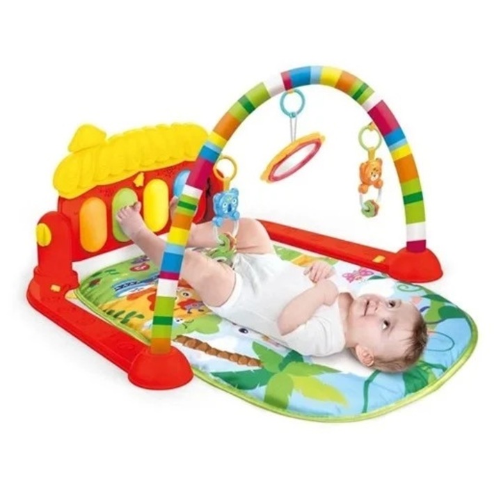 Saltea cu activitati pentru bebelusi, Cu pian, oglinda si jucarii detasabile, Plastic, 75x60x42 cm, Rosu