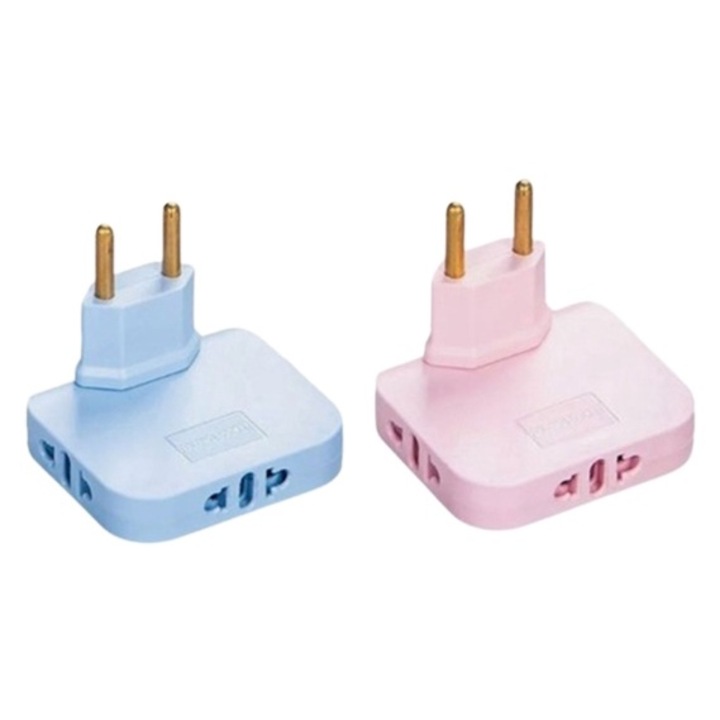 Set de 2 Adaptor, Priza Tripla Rotativa 180°, pentru spatii inguste, Mic si convenabil, 8x6x1.4cm, Roz/Albastru