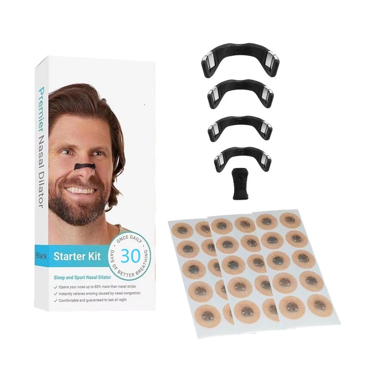 Dilatator nazal magnetic, antisforait si sport creste aportul de oxigen, 4 benzi magnetice de marimi diferite, aplicator, 30 plasturi magnetici, Rezistent la umezeala si confortabil, Negru