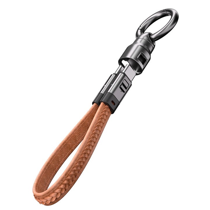 QELIRA® Portable Type-C кабел за данни кафяв 240 W, бързо зареждане с двойна глава, кожена каишка, издръжлив и стилен, съвместим с множество устройства