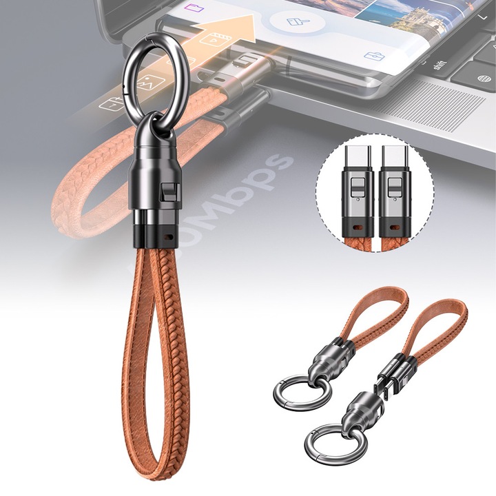 QELIRA® Cablu de date Type-C portabil 240W, incarcare rapida dual-head, curea din piele, durabil si stylish, compatibil cu mai multe dispozitive maro