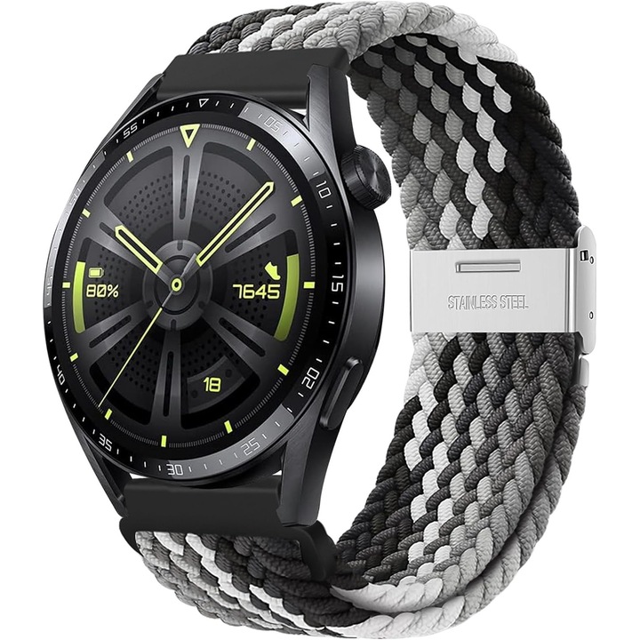 Каишка за часовник за Huawei Watch GT, GT2, GT3, JENUOS®, Samsung Galaxy Watch 3 или всеки смарт часовник с ширина на каишката 22 mm, найлонова, плетена, удобна и лесна за носене, регулируема, черно/бяло
