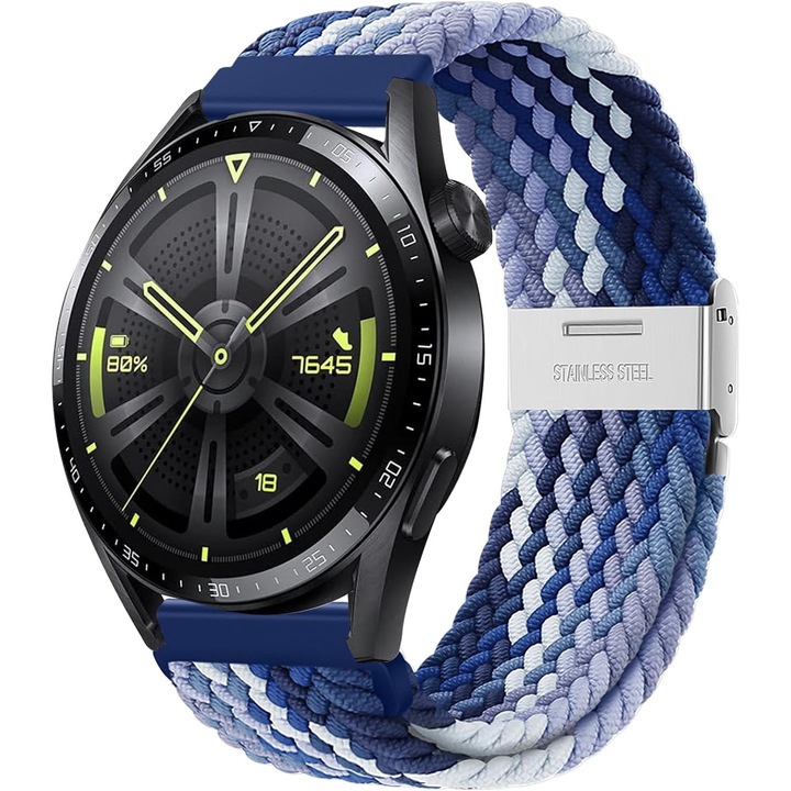 Каишка за часовник за Huawei Watch GT, GT2, GT3, JENUOS®, Samsung Galaxy Watch 3 или всеки смарт часовник с ширина на каишката 22 мм, найлонова, плетена, удобна и лесна за носене, регулируема, бяло/синьо