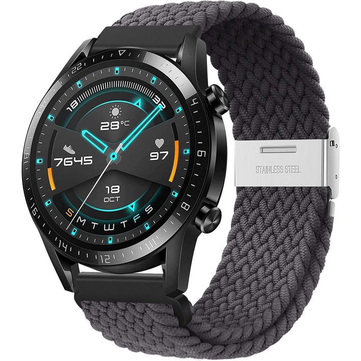 Каишка за часовник за Huawei Watch GT, GT2, GT3, JENUOS®, Samsung Galaxy Watch 3 или всеки умен часовник с ширина на каишката 22 mm, найлонова, плетена, удобна и лесна за носене, регулируема, сива