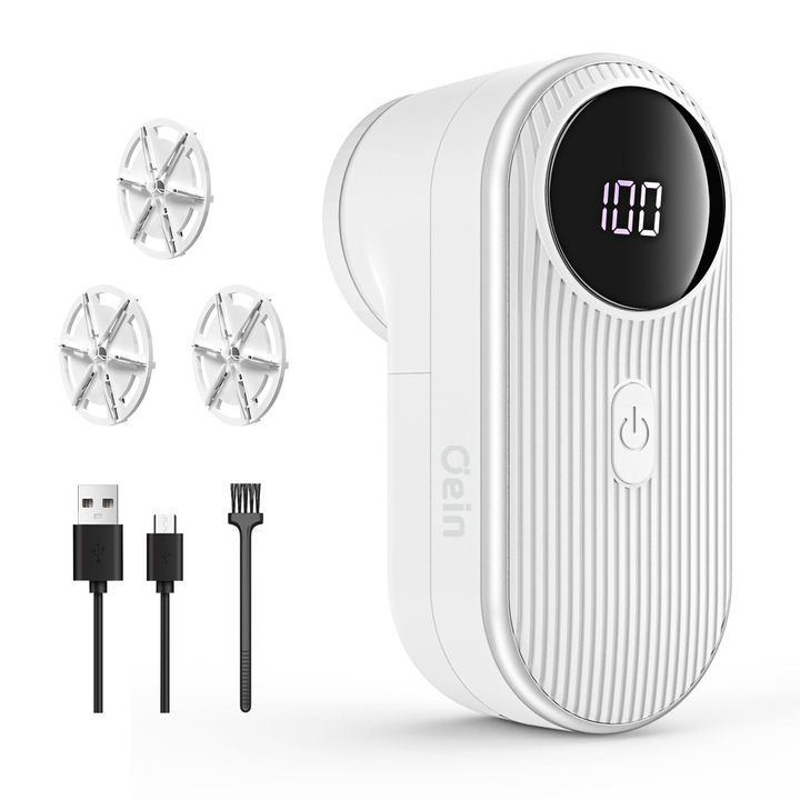 Aparat electric portabil pentru indepartat scame, Oein, 3 viteze, 5W reincarcabil, cu ecran digital si indicator de baterie, 3 capete de lame, pentru haine, pulovere, mobilier, lana, Alb