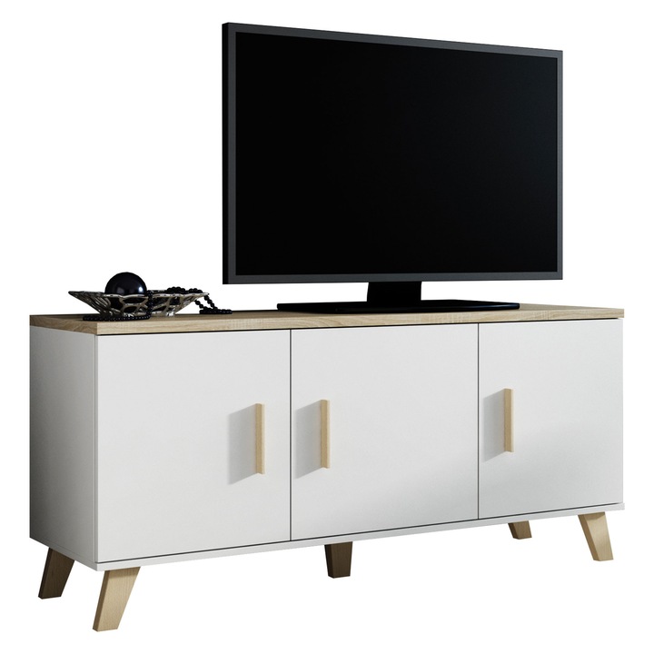 Comoda TV Sanna 150 3D, MIRJAN24, alb stralucitor / stejar sonoma, 45x150x69 cm
