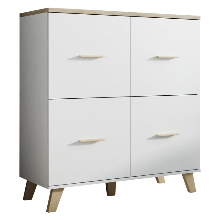 Comoda Sanna 110 4D, MIRJAN24, alb stralucitor / stejar sonoma, 45x110x119 cm