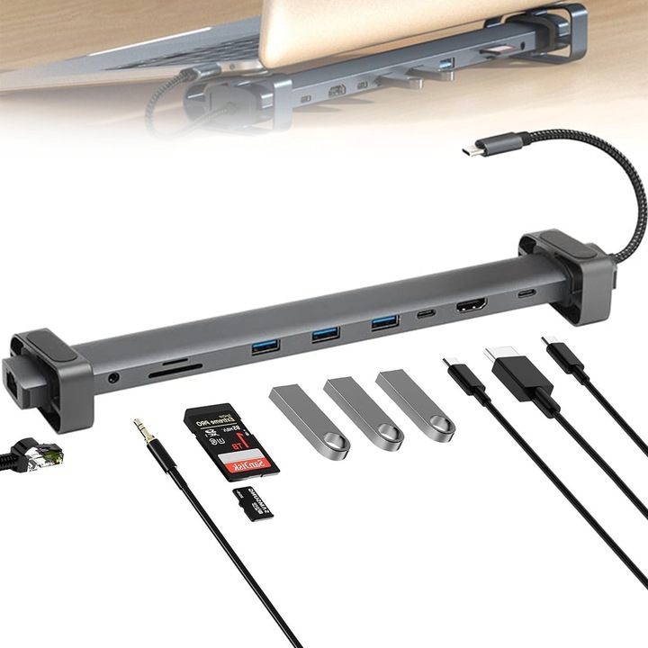 Sovel 10 в 1 адаптер за стойка тип хъб за лаптоп с входен щепсел Type-C, 1 HDMI порт 4k/30 HZ, 1 PD 100 W, 1 порт Type-C, 3 USB 3.0 порта, 1 SD/TF порт, 1 жак, 1 RJ 45