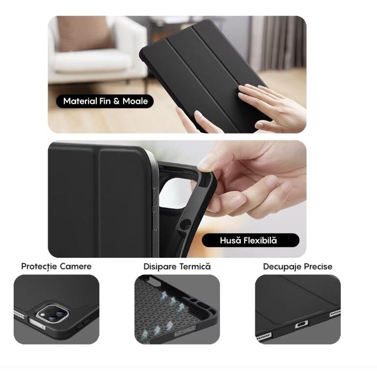 Husa tableta pentru iPad 10, 10.9 inchi (2022)， functia trezire/somn, cu functie stand, carrlinechoo®, Negru