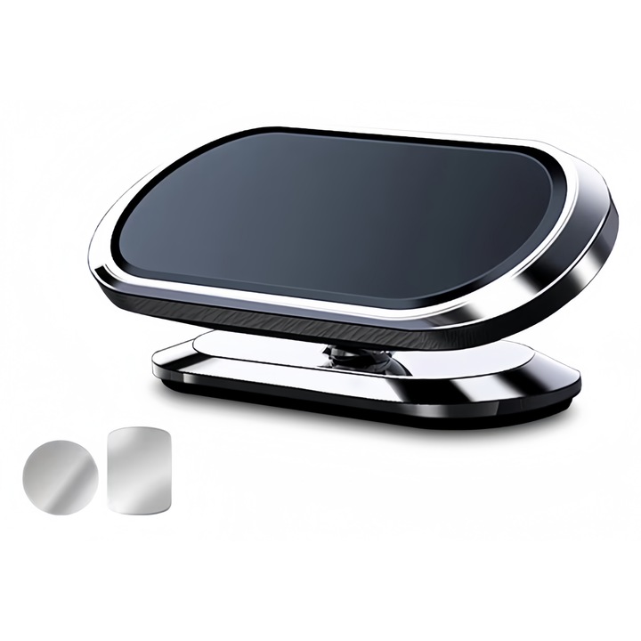 carrlinechoo® Univerzális Mágneses Autós Telefon-/Táblagép Tartó, Állítható Dőlésszöggel és 360°-os Elforgatással, 8 Mágnessel és 3M Ragasztószalaggal, Ezüst