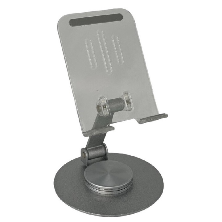 Suport telefon, acrilic, pivotant 360°, pentru telefoane mobile si tablete, Argint