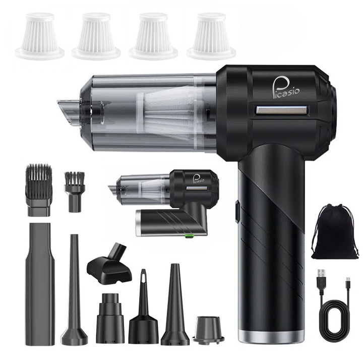 Aspirator auto portabil PICASIO V2-PLUS, Pliabil, 15000PA, Baterie 6000mAh, Autonomie 30 min, 120W, Pentru masina si casa, Aspirare, Suflare, Vidare, Umflare, 3 trepte de viteza, 11 accesorii, Aspirare umeda si uscata, 4 Filtre HEPA incluse, Negru